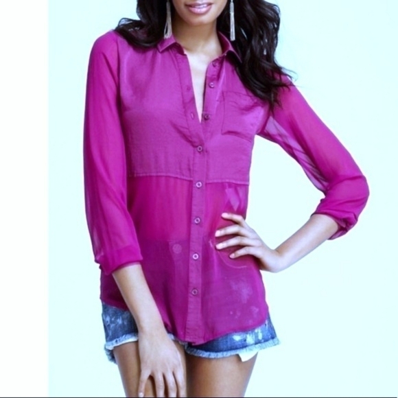 Free People Fushia Sheer Half & Half Blouse - Picture 2 of 8